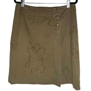 Isda & Co Women's A Line Mini Skirt Floral Appliqués Pockets Army Green Cotton 6